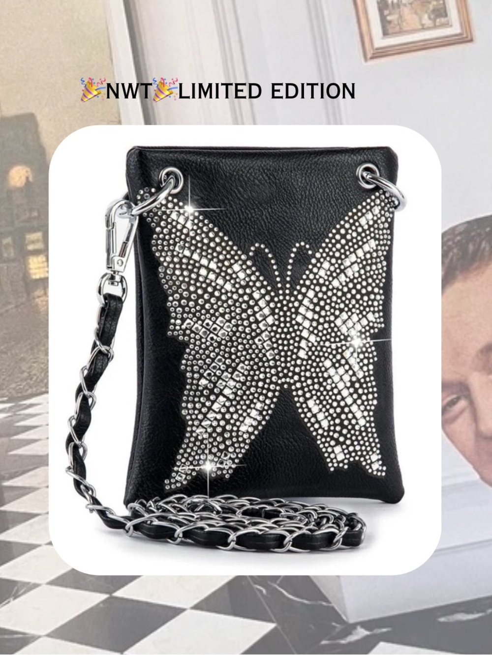 🌀🏷️🎉🆕 black leather bling rhinestone butterfly cross body bag
